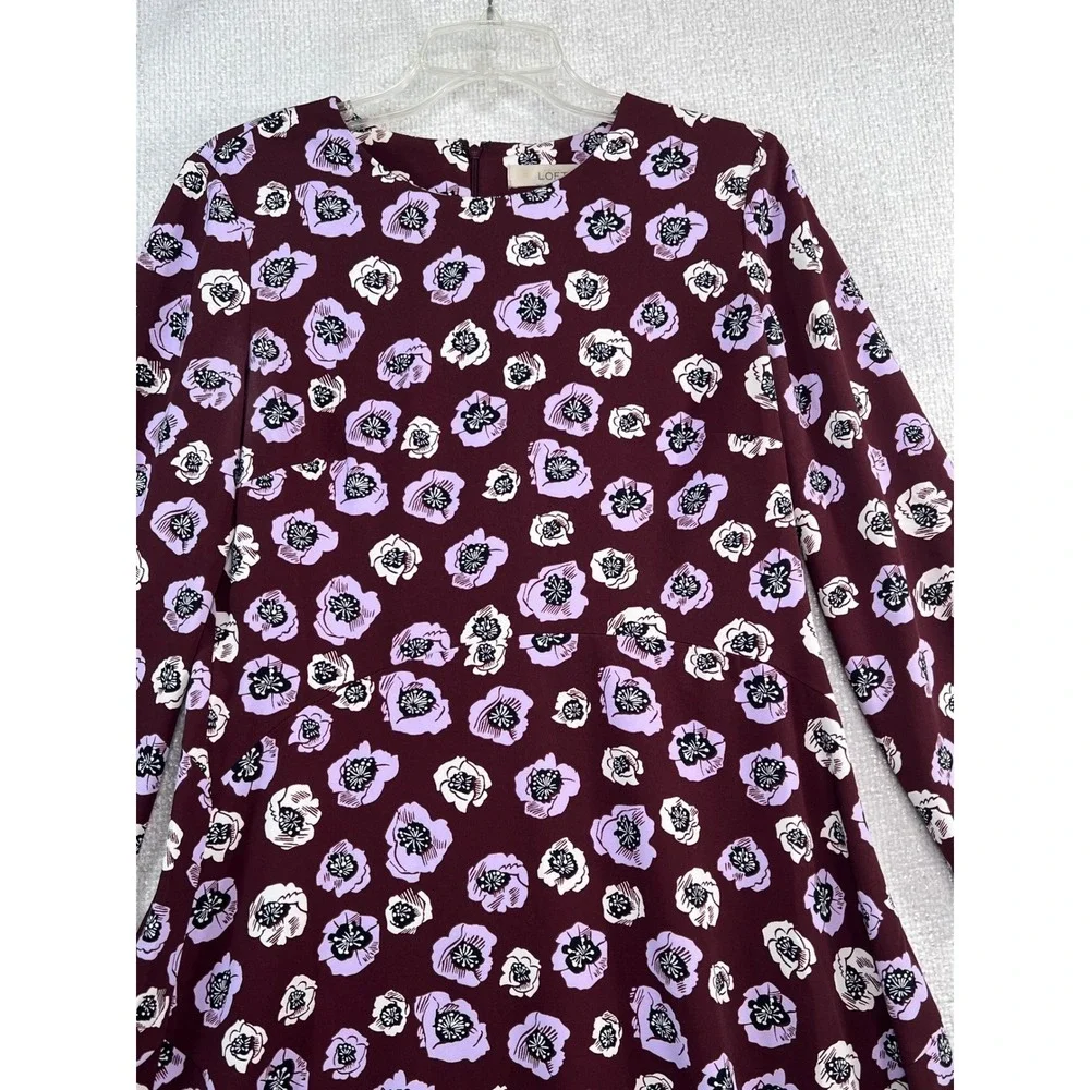 Loft Burgundy Floral Poppy Long Sleeve Ruffle Hem‎ Dress Purple White Womens
